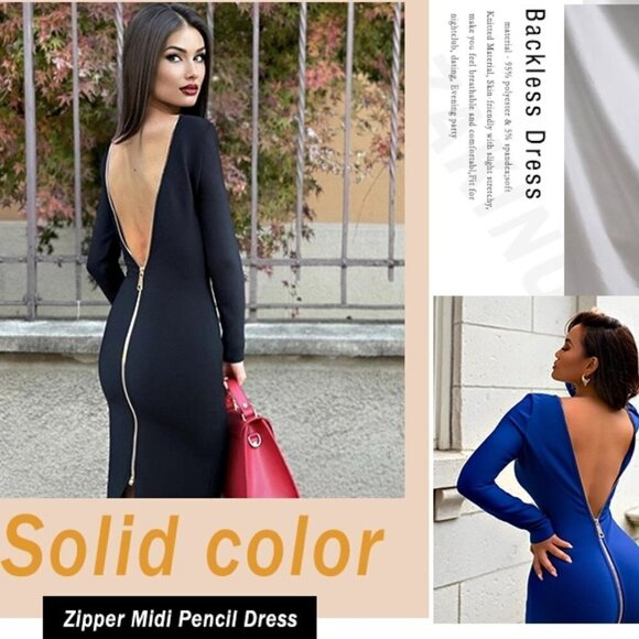 Backless Dress Slit Hem Long Sleeve Pencil Dress Zip-Up Bodycon Midi SMALL - Picture 3 of 7